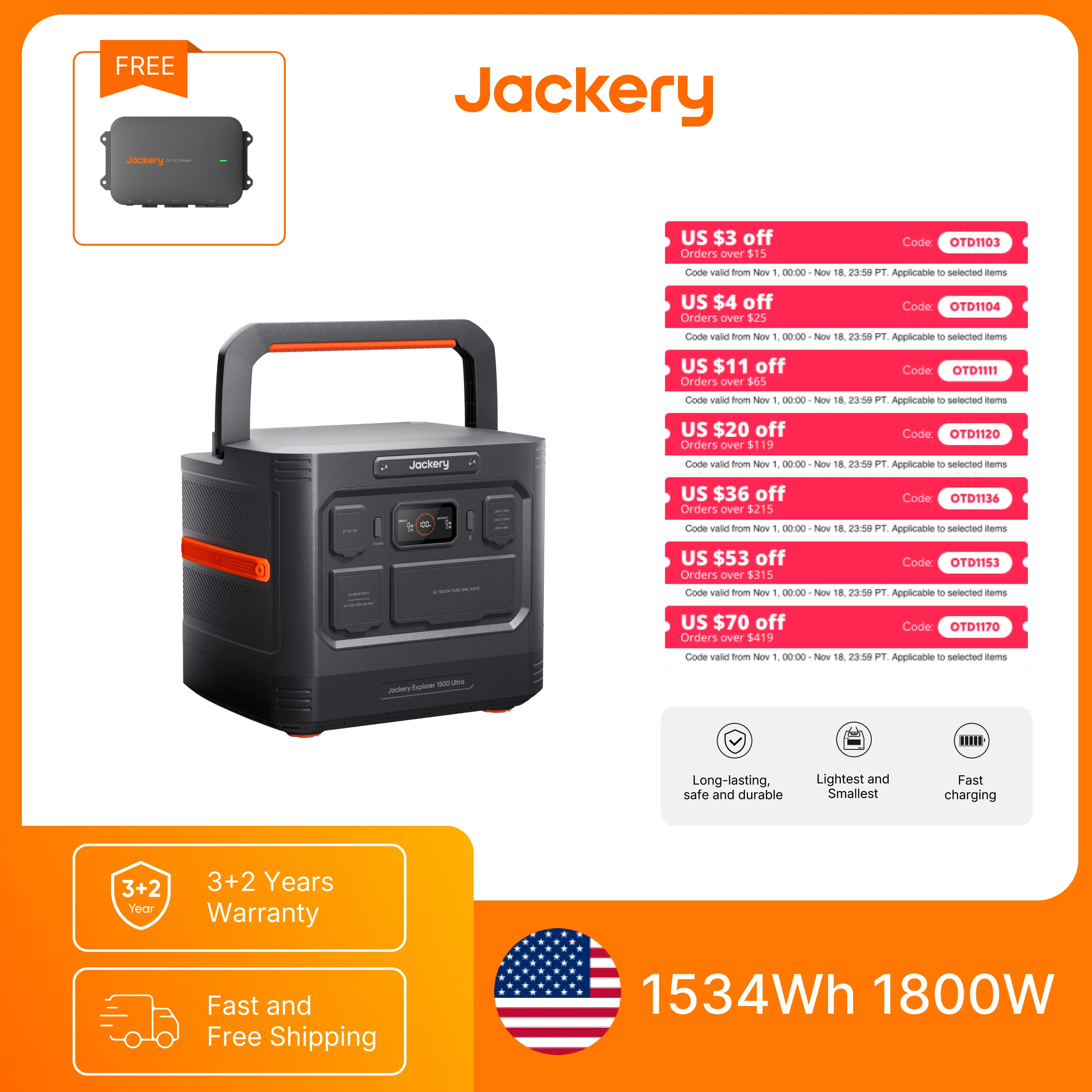Jackery Explorer 1500 Ultra & Car Fast Charge Cable Set, 1534Wh LiFePO4 1800W IP65 Waterproof Solar Generator for RV Travel