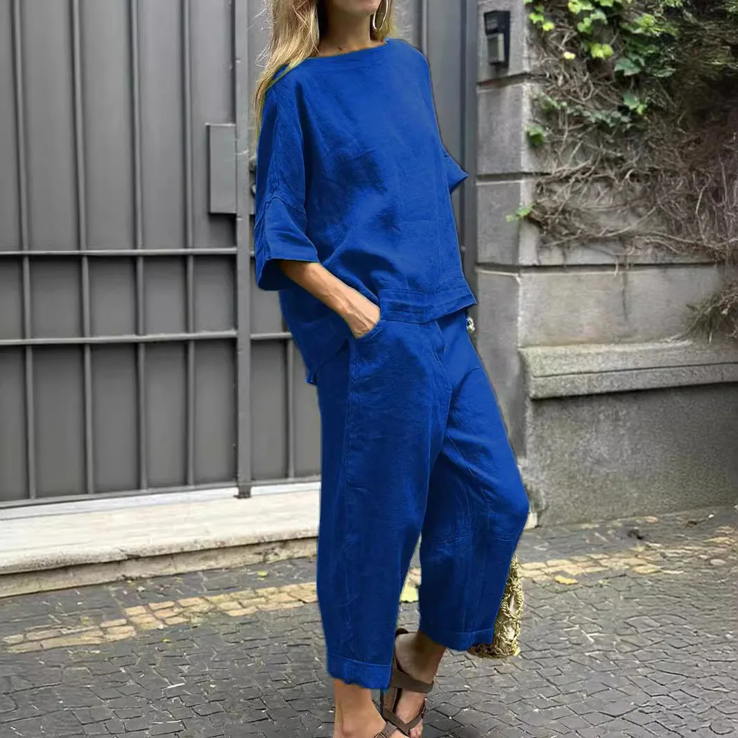 

2025 Summer New Women's 2-piece Plus-size Cotton And Linen Shirt + High-waisted Pant Suit 2 Piece Sets Womens Outfits