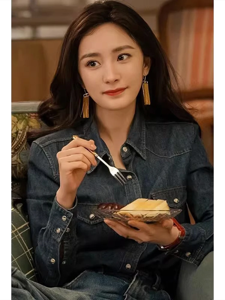 

Chic Blue Denim Shirt Women's New Early Spring Top Layered Wear Base Layer Shirt Coat Autumn Winter Korean Style Long Sleeve