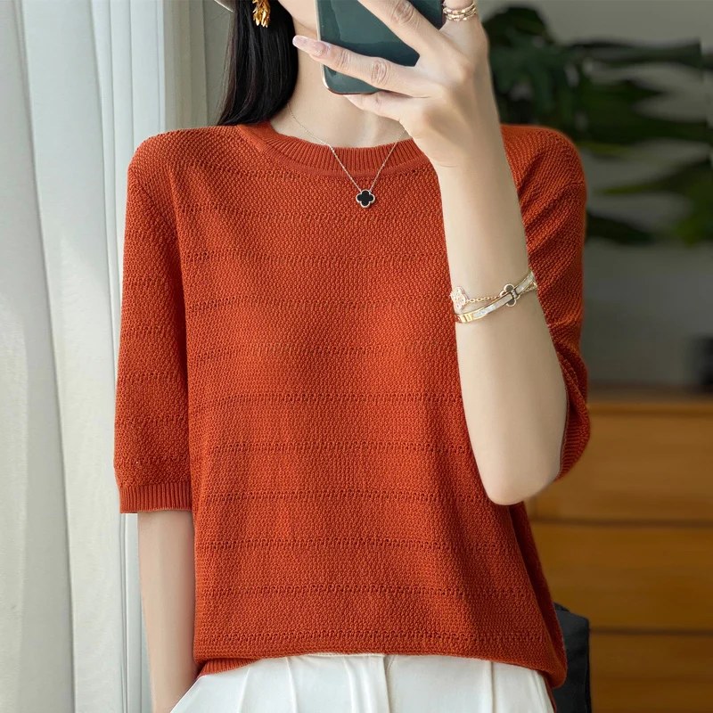 Summer New Lyocell Round Neck Solid Color Hollow Thin Knit T-shirt Solid Color Half Sleeve Loose Top