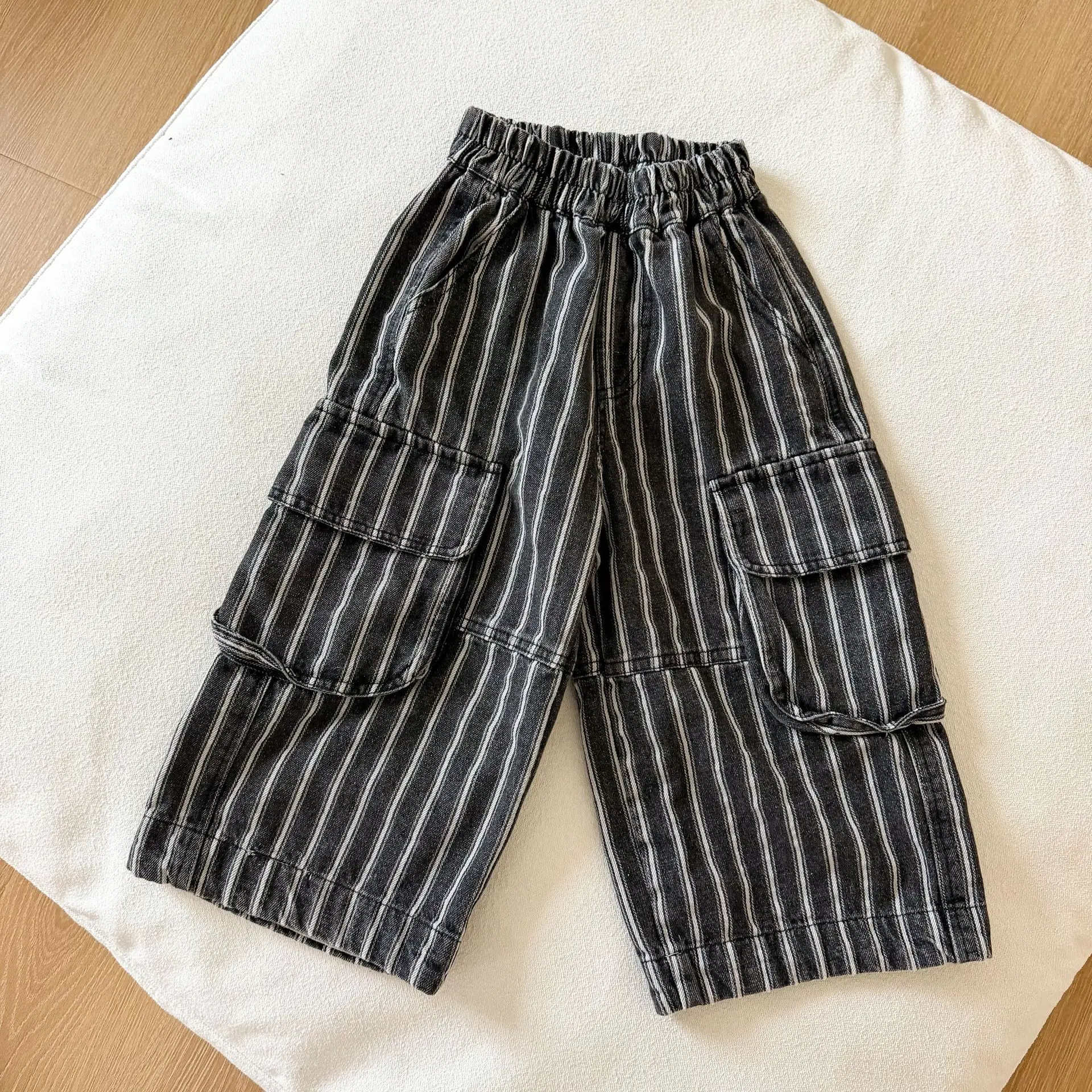 Autumn New Children Loose Denim Trousers Girls Fashion Striped Wide Leg Pants Boys Casual Cargo Pants Kids Clothes 6