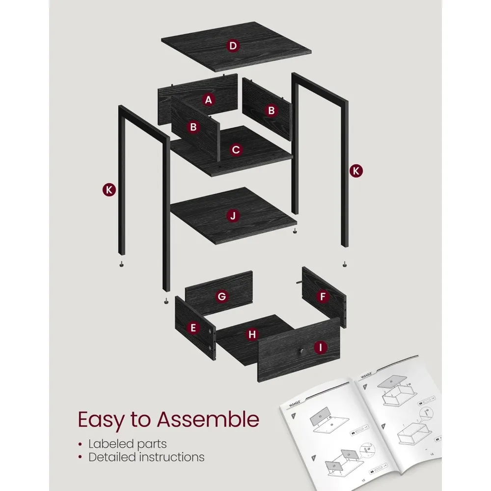 Comodino, tavolino, tavolino con cassetto e ripiano, 15,7 x 15,7 x 21,7 pollici, camera da letto, struttura in acciaio, facile montaggio, moderno