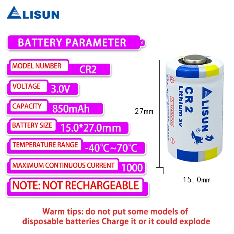 LISUN CR2 Add 51005 Plug Disposable Lithium Battery Camera 3V Suitable For Range Finder Sight Pet Trainer Battery