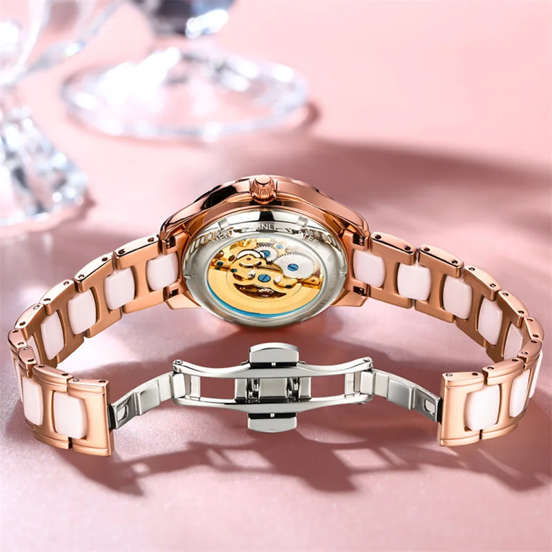 OLEVS Brand Automatic Mechanical Women Watch Fashion Ladies Rhinestone Skeleton Rose Gold Ceramics Luxury Watches Reloj Mujer