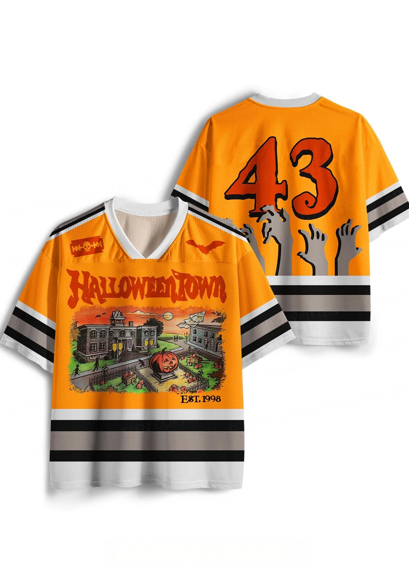 1998 Halloween Town haunted house illustration jersey bat zombie hand print V-neck breathable sports T-shirt