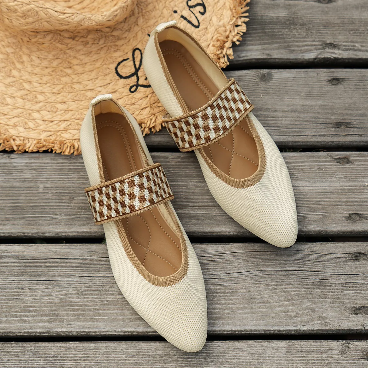 Knitted Color-block Women's Flat Shoes Dressy Ballet Flats Casual striped straps Pointed Toe Loafers Female Daily Shoes Big Size image 5