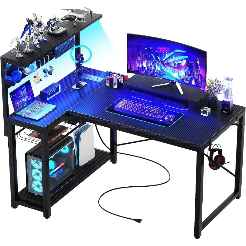 Small Gaming Desk with Power Outlets Pegboard LED Light, 43 Inch L Shaped Computer Desk with Monitor Stand Storage