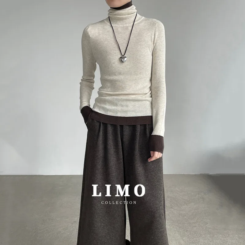 

LIMO 2025 Autumn Winter Fashion Wool Blend Base Layer Top Women's Color Block Turtleneck Slim Fit Thermal Shirt