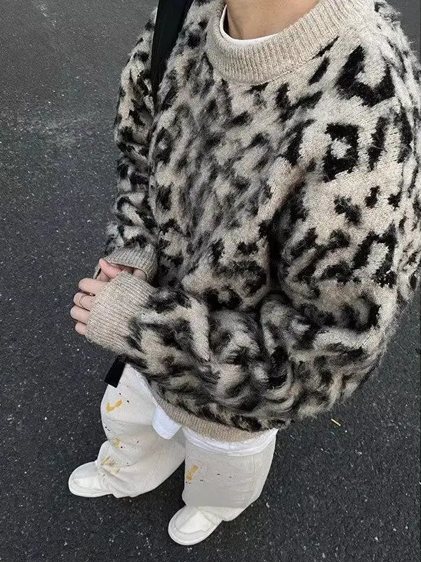 

Модный круглый свитер с леопардовым принтом для мужчин, осенне-зимняя новинка, повседневный стиль, длинный рукав, из полиэфирного волокна