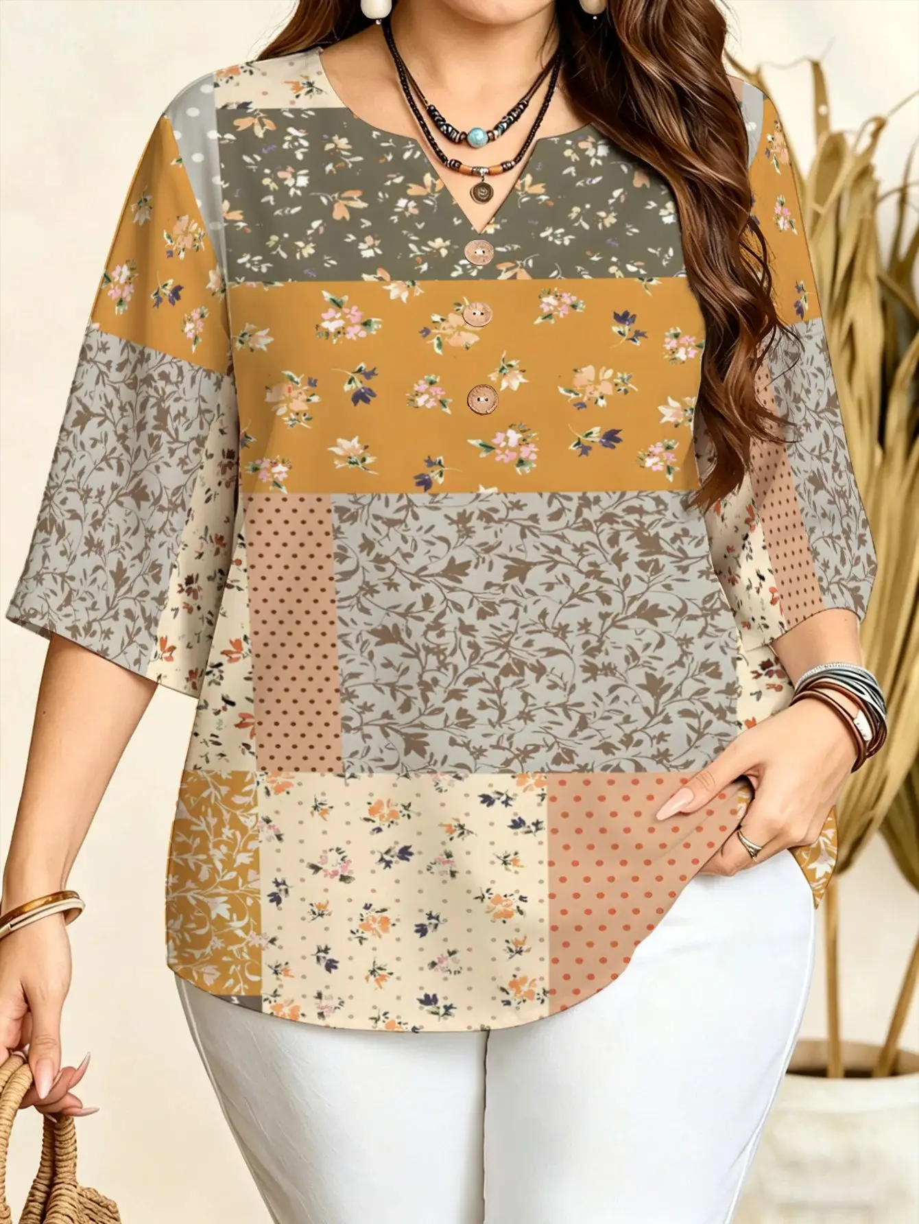 Women 3/4 Sleeve V‑Neck Blouse Button Decor Plaid Tribal Leopard Brush Stroke Ethnic Print Casual Ladies Tops
