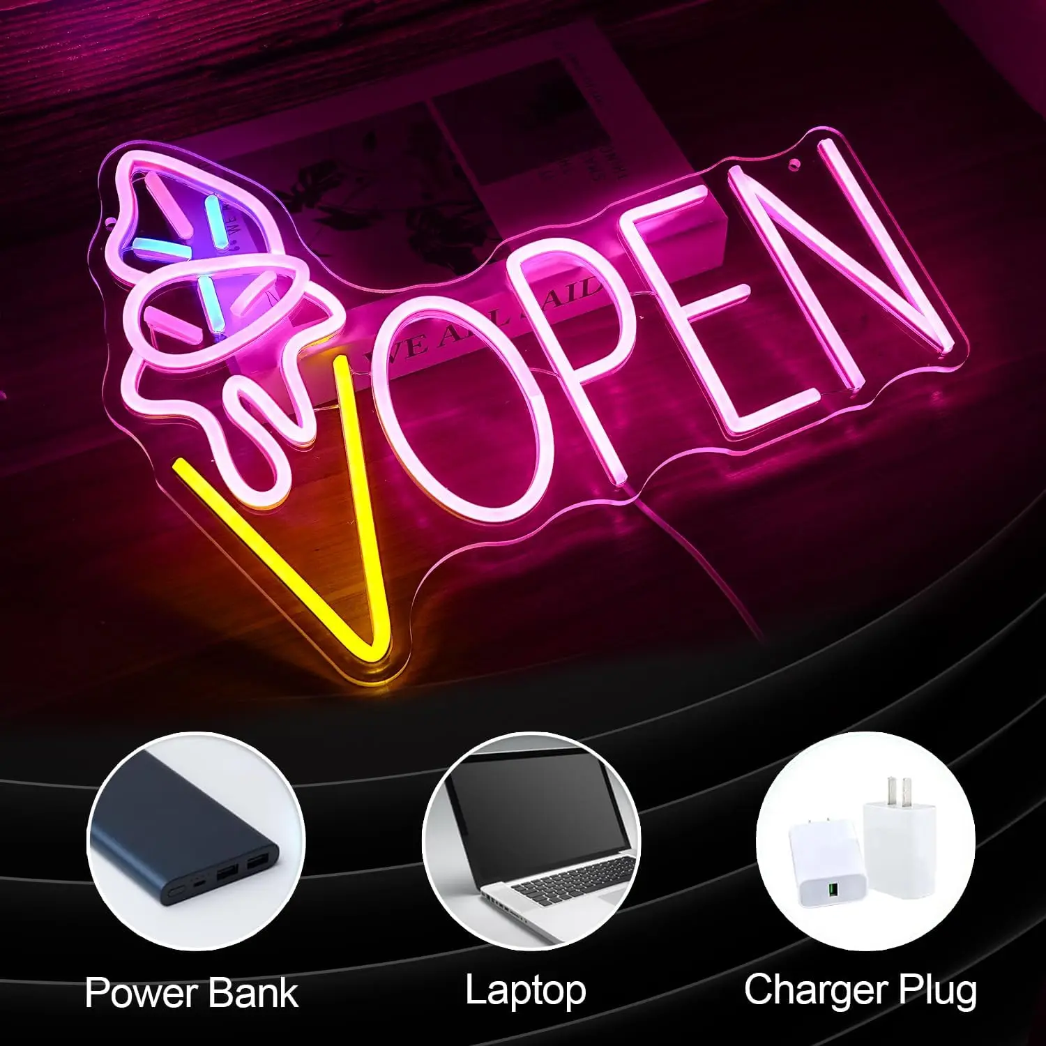 Ice Cream Open Neon Sign LED Light Up Dimmable for Ice Cream Sign for Dessert Shop Cake Shop Home Cafe Decor Girl Birthday Gifts