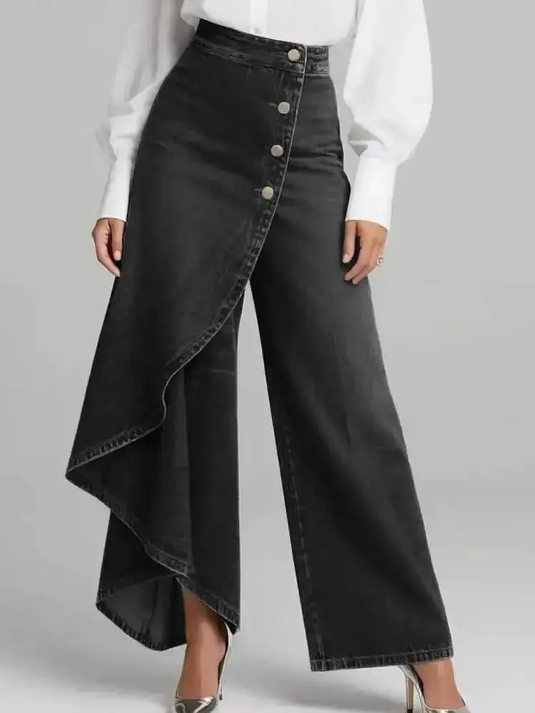 Minimalist Casual Long Display Solid Color Denim Print Breasted Tight Pants For Women Spring 2026 RHT8