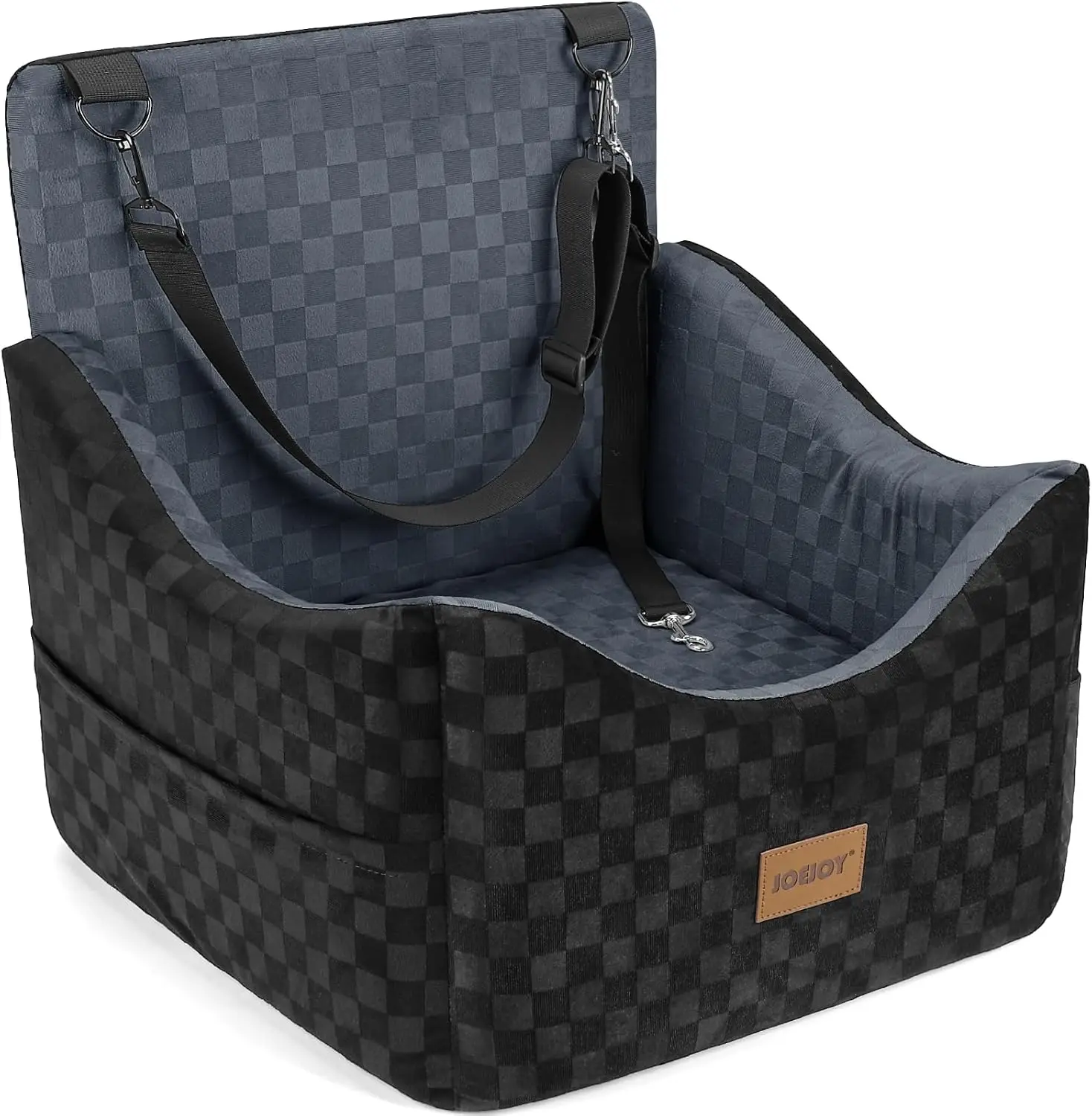 Dog Car Booster Seat for Small and Medium Dogs up to 35 lbs, Elevated Memory Foam Seat with Detachable Washable Cover, Travel-Safe Car Bed with Safety Belts and Storage Pockets, Dark Gray