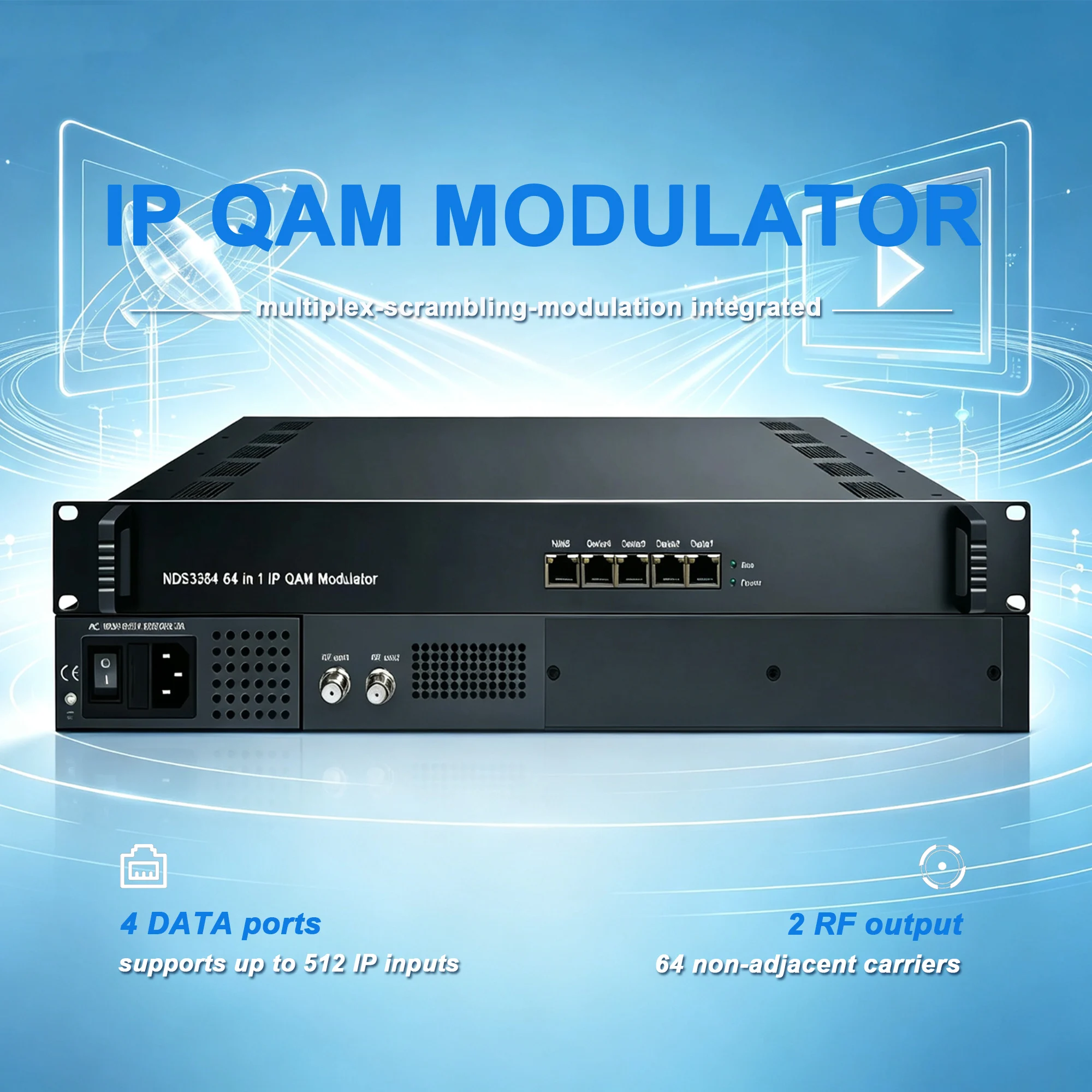 IP QAM Modulator 64-channel IP to DVB-C RF DTV Modulator Multiplexing Scrambling IP to Digital RF CATV Headend Equipment