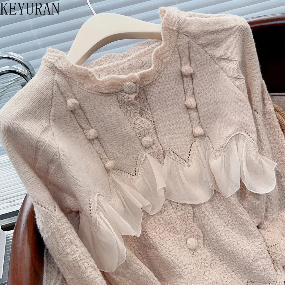 Ruffles Sweater Coat Women Knitted Cardigan Jacket Autumn Winter Fashion Loose Long Sleeve Single-breasted Knitwear Tops Jumpers