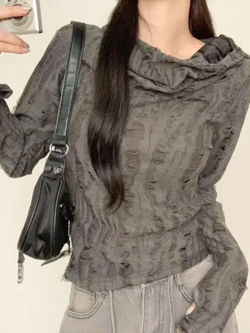 

Korean Sle Long Sve T-irt Women's Slim Fit Hole Design Irregular Faionable Top for Autumn Season Ladies' Clothing