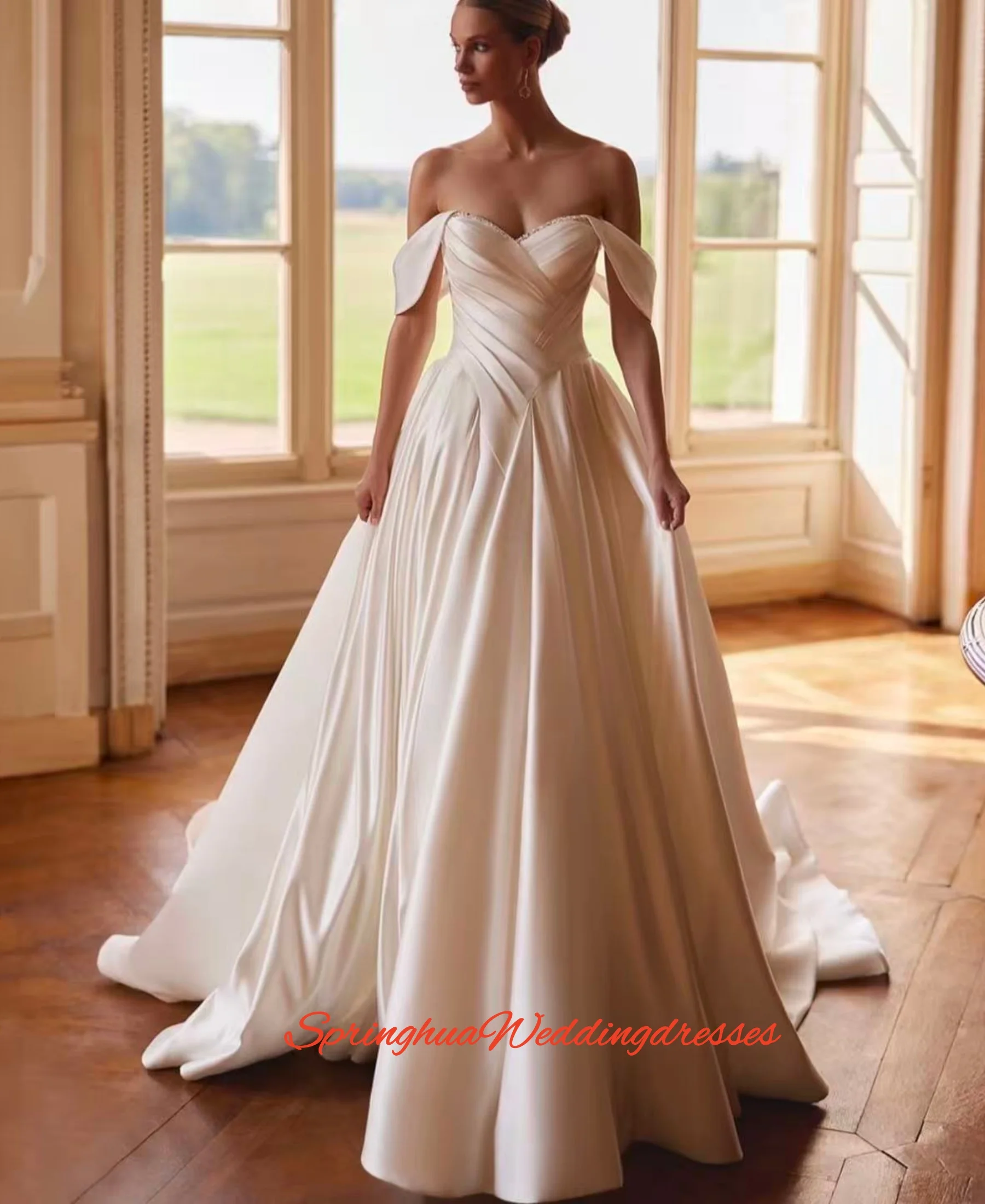 

Свадебные платья А-силуэта с плиссировкой на заказ, длиной в пол, с пуговицами и молнией, для женщин, с открытыми плечами, 2026