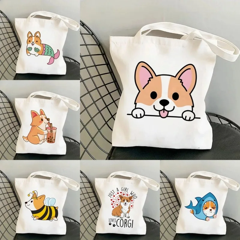 Bolso grande de hombro de lona con dicjos animados de Corgi Harajuku para mujer bolso de compras يوميا بلانكو قابلة لإعادة الاستخدام #1