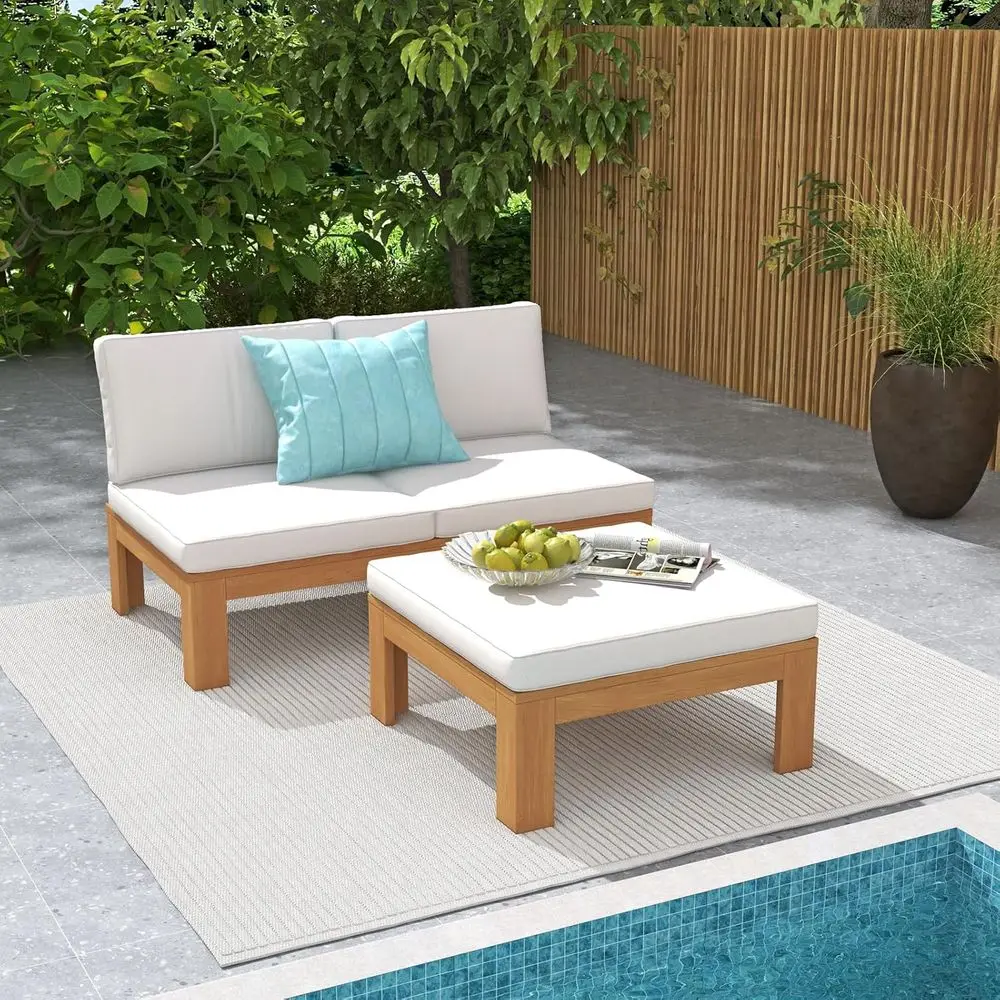 Conjunto de sofá de dos plazas para patio exterior de madera de acacia con reposabrazos ajustables, en forma de L con mesa de centro 2 en 1, cojines color crema