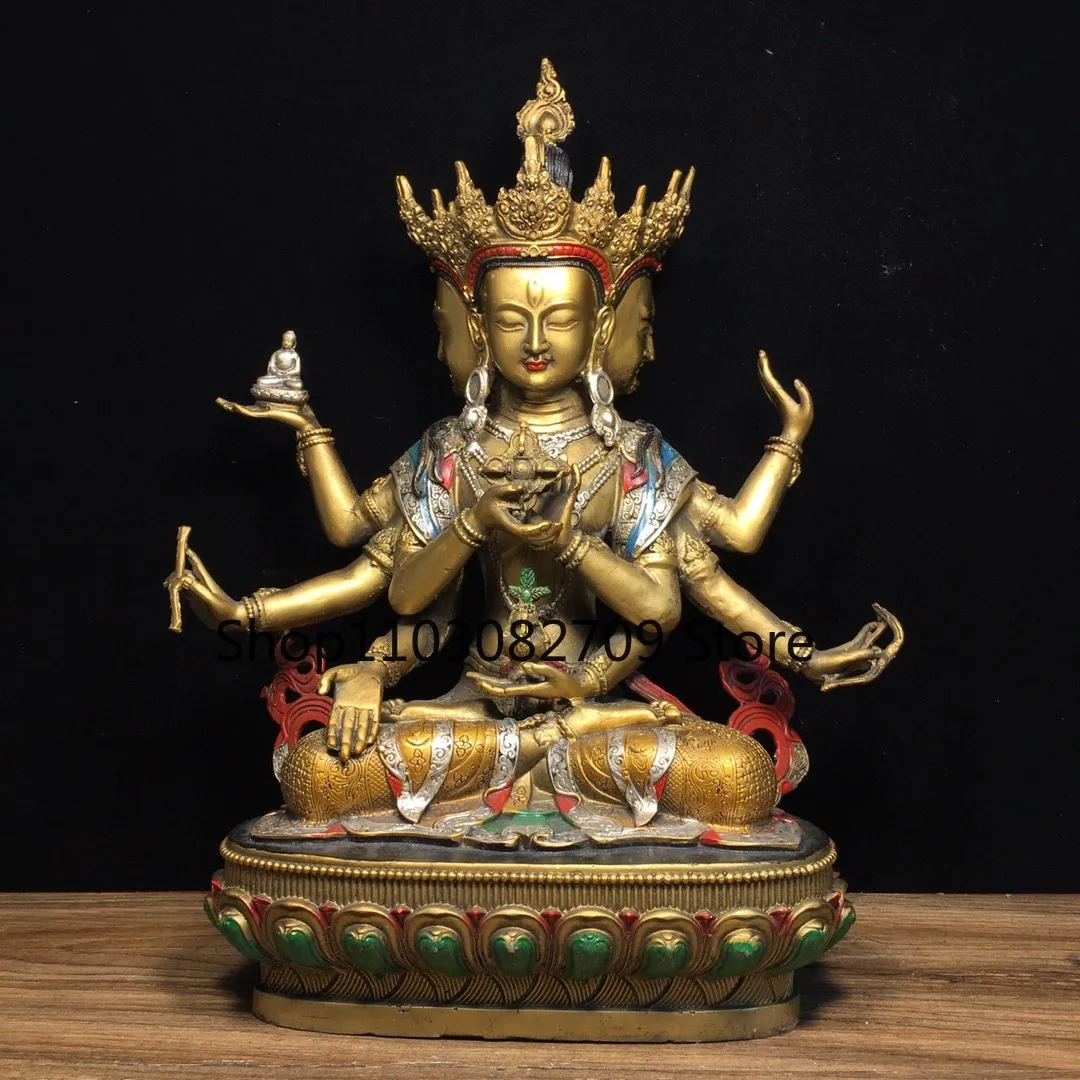 Tibetan ornament brass gilt painted face three sides and eight arms Zunsheng Tara Guanyin seated statue Buddhist hall supplies 3