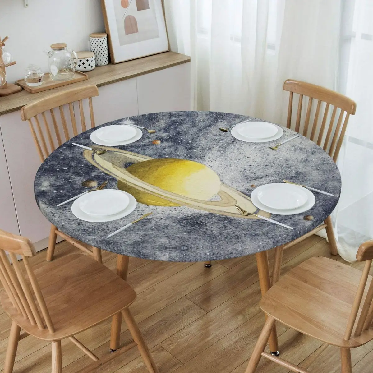 Round Oilproof Saturn Planet Table Cover Fitted Outer Space Celestial Table Cloth Backed Edge Tablecloth for Picnic