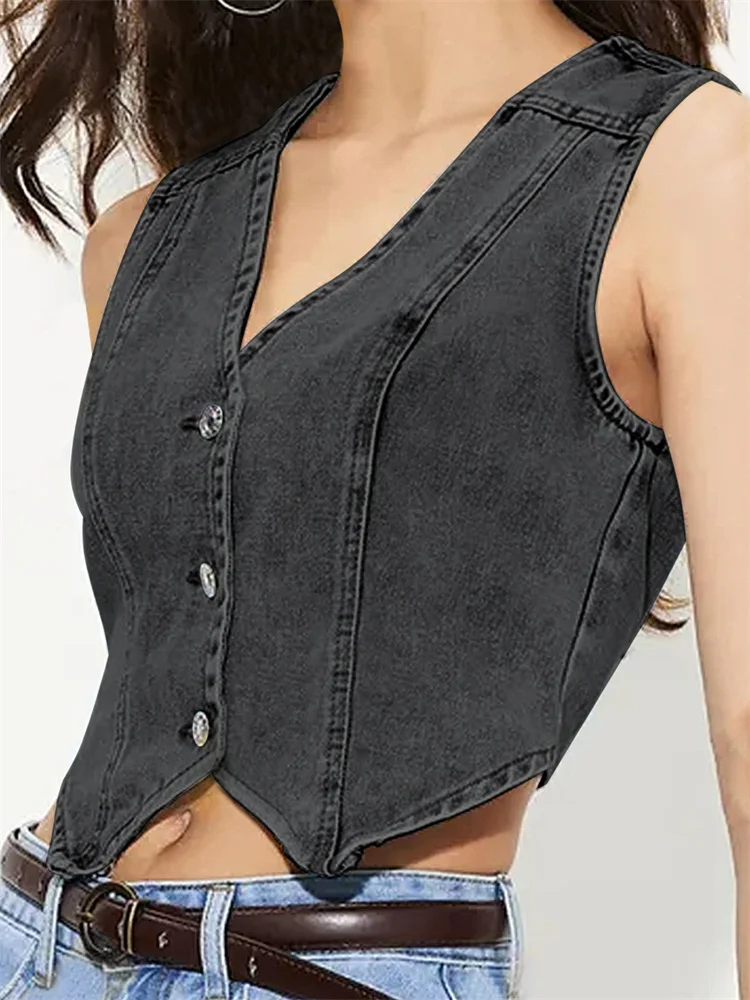 CHRONSTYLE Women Denim Mini Vests Sleeveless V Neck Buttons Up Tank Solid Color Party Club Outwear Gilet for Casual Street 2025