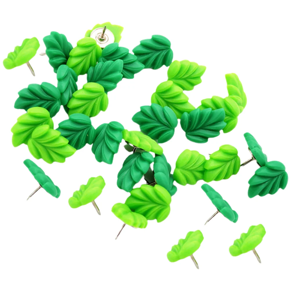 30Pcs Leaves Green Thumbtack Resin Cute Plant Press Pin Photo Wall I-Shaped Nail Office Metal Portable Push For Cork Board Decor