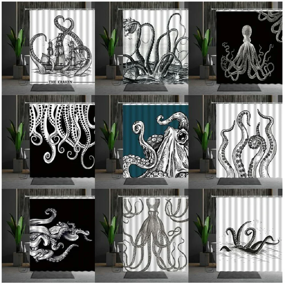 Vintage Black White Octopus Kraken Pirate Ship Shower Curtain Sea Monster Tentacle Sketch Nautical Waterproof Fabric Bathroom Cu view 3