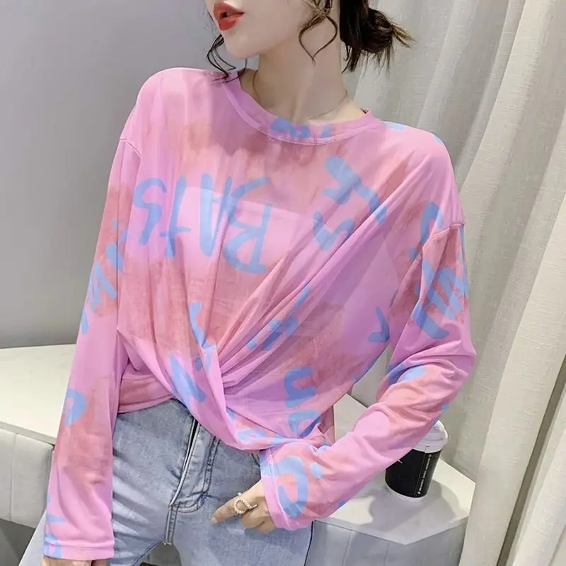 Y2k Printed Summer Design Short Top Loose Tulle Tie-Dye Round-Neck Long-Sleeve Lightweight Cover-Up T-Shirt for Sun Protection