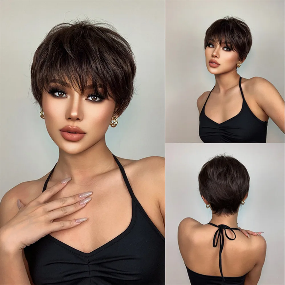 Short Brown Highlight Wig for Women, Pixie Cut