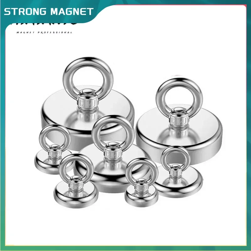 Strong Powerful Salvage Hook Round Neodymium Magnetic Magnet  Fishing Equipments Holder Pulling Mounting Pot with Ring