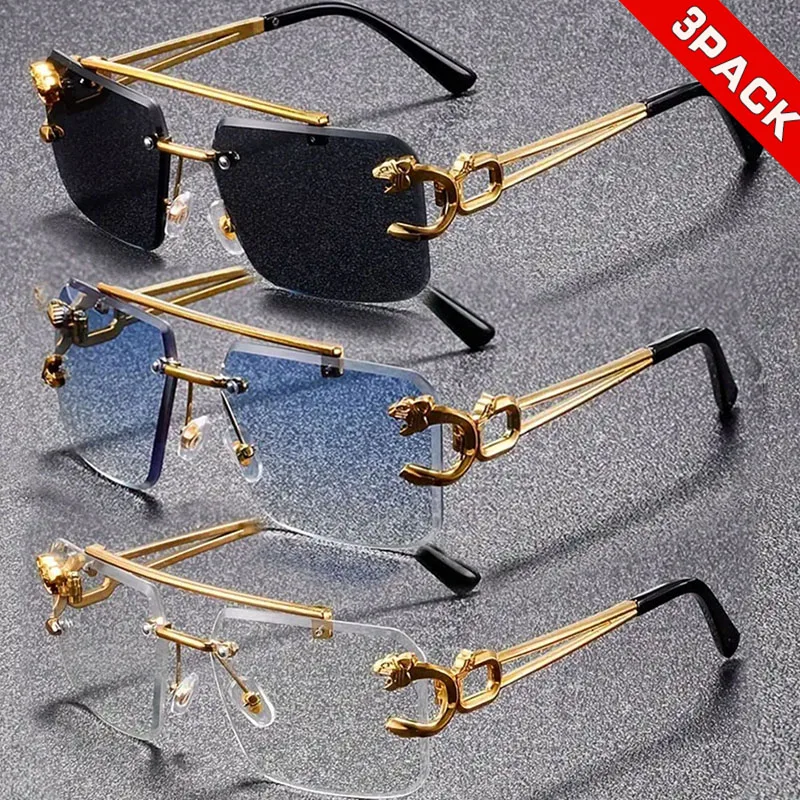 3 Stück Unisex Casual Hollow Out Design Retro Randlose quadratische Brille für den Alltag Outdoor Urlaub Strand Straßenfotografie