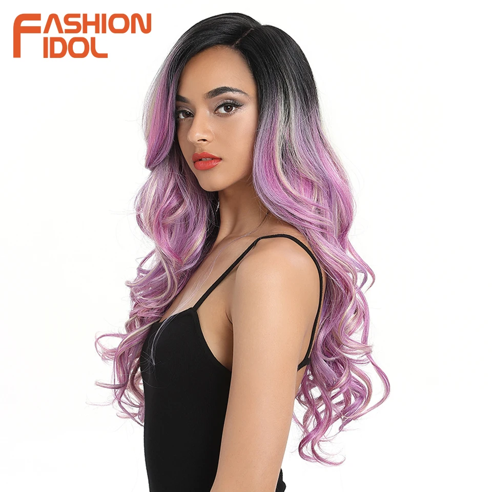 FASHION IDOL 22 Inch Body Wave Cosplay Wigs Synthetic Long Wavy Ombre Violet Heat Resistant Fiber Lace Front Wigs For Women