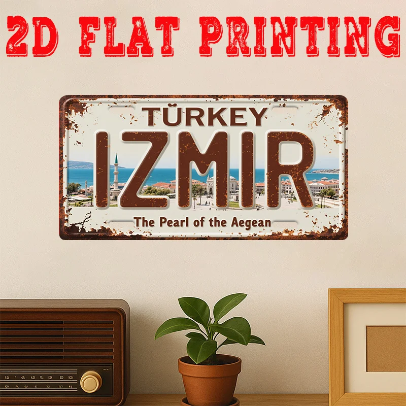 2D Flat, 1pc Vintage Izmir Turkey Metal Tin Sign - Aegean Coast Landmarks Wall Art Retro Izmir Map with Text & Iconic Symbols