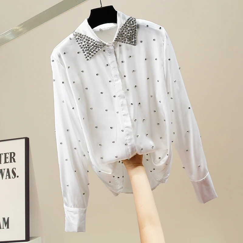 European Station Spring Women\'s Elegant Shirt Fashion Heavy Industry Lapel Beaded Slimming Long Sleeve Blouse Ladies Camisas