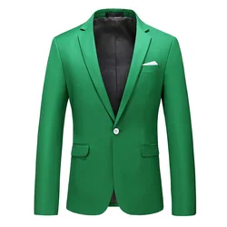 Green Men's Suit Jacket, Single Button V-neck Dress Coat, Fashion Men Slim Blazer, Suitable for All Seasons Terno Masculino