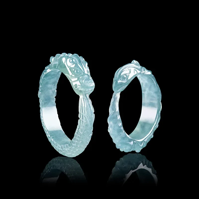 

Jia Le/ Natural Jade Hand-carved Ice Blue Water Dragon Wind Ring for Men and Women Couples Fashion Jewelry Accessories Gifts