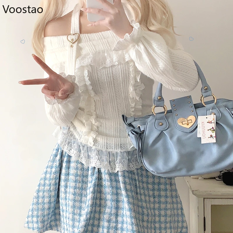 Vintage Sweet Lolita Style Knitted Pullover Girls Cute Slash Neck Bow Lace Ruffles Love Heart Buckle Sweater Women Knitwear Tops