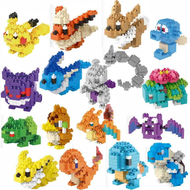 DIY Pokemon Blocks Small Cartoon Mini Building Block Pikachu Charizard Eevee Mewtwo Anime Assemble Action Model Dolls Toys