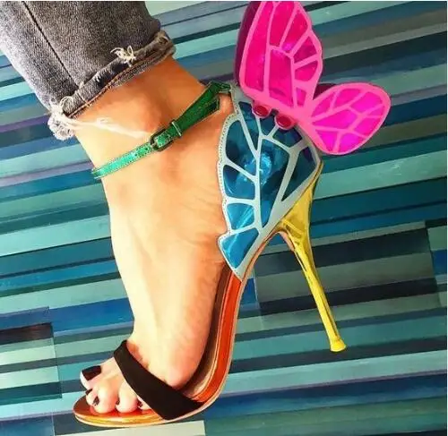 Pink Gorgeous Colorful Butterfly Stiletto High Heels Sandals Shoes Open Toe Sexy Fashion Pumps Shoes Angel Wings Leather Shoes