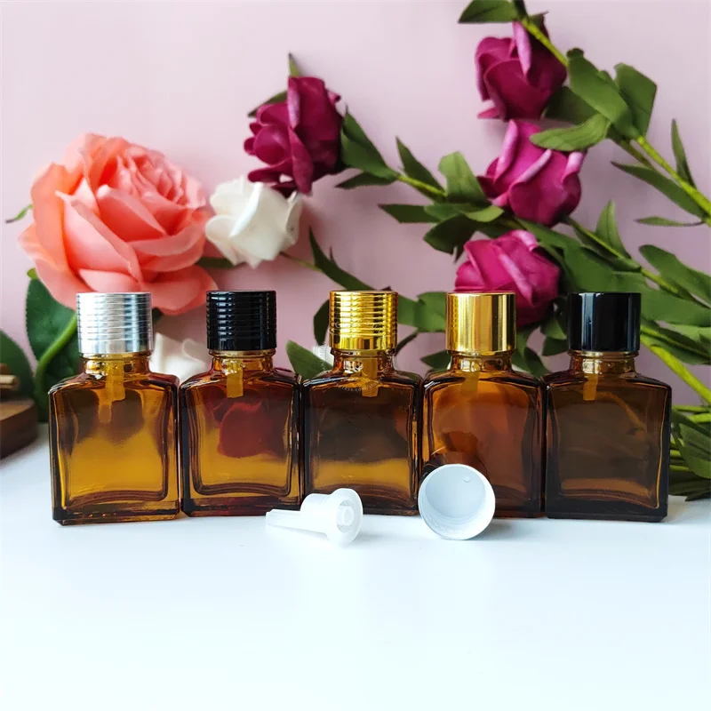 360Pcs Essential Oil Square Glass Perfume Bottle 15ml Amber Aromatherapy Oils Dropper Vials Jars With Aluminum Screw Lids Small