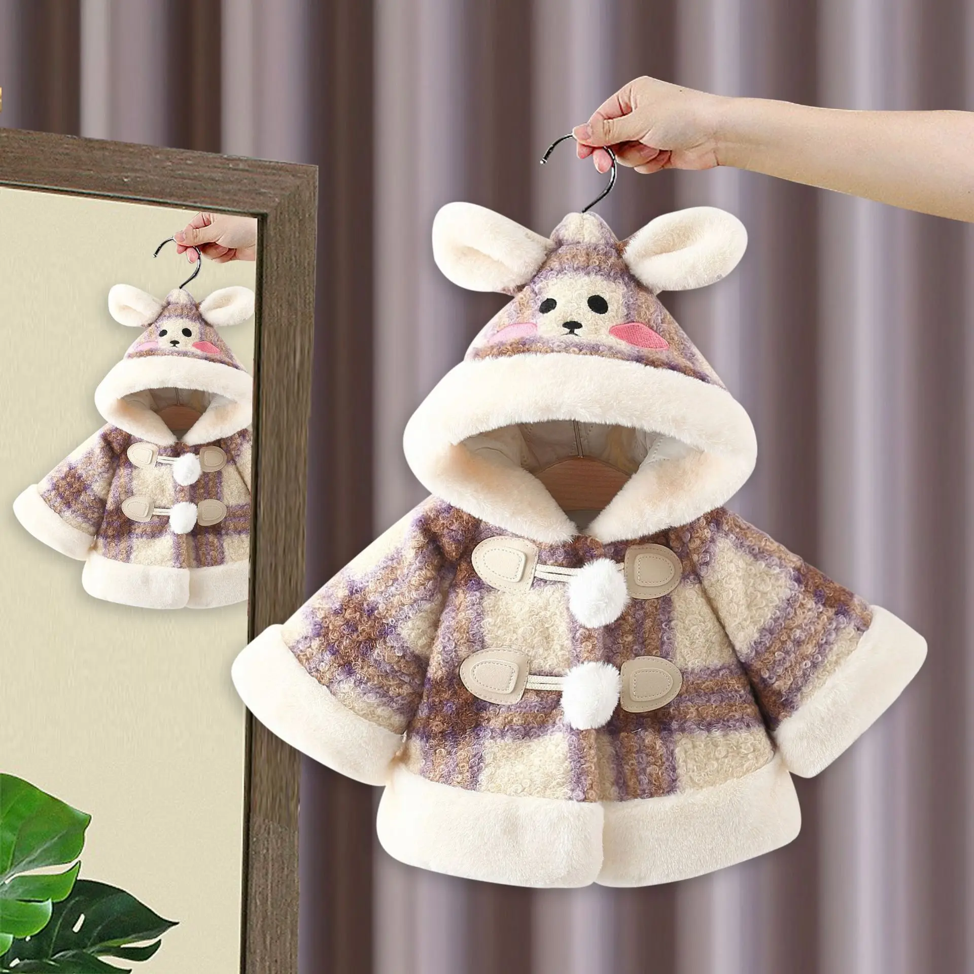 Winter New Baby Girl Clothes Cute Cartoon Rabbit Children's Cape Thicken Warm Infant Outerwear Fashion Grid Woolen Coat 아기옷