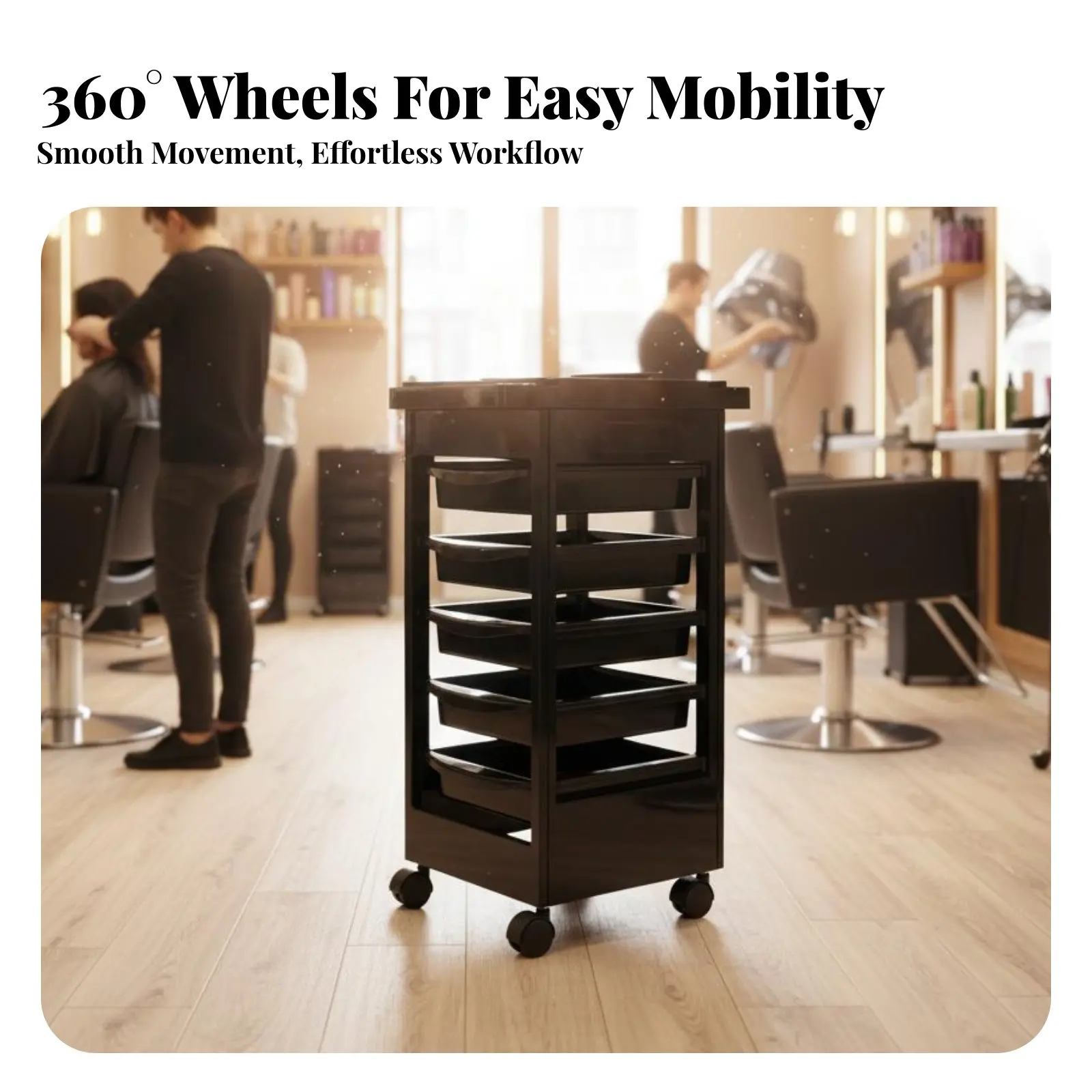 Cosmetic Studio Storage Cart 360-Degree Rotating Casters Hair Stylist Rolling Cart 5-Drawer Salon Trolley Easy to Clean