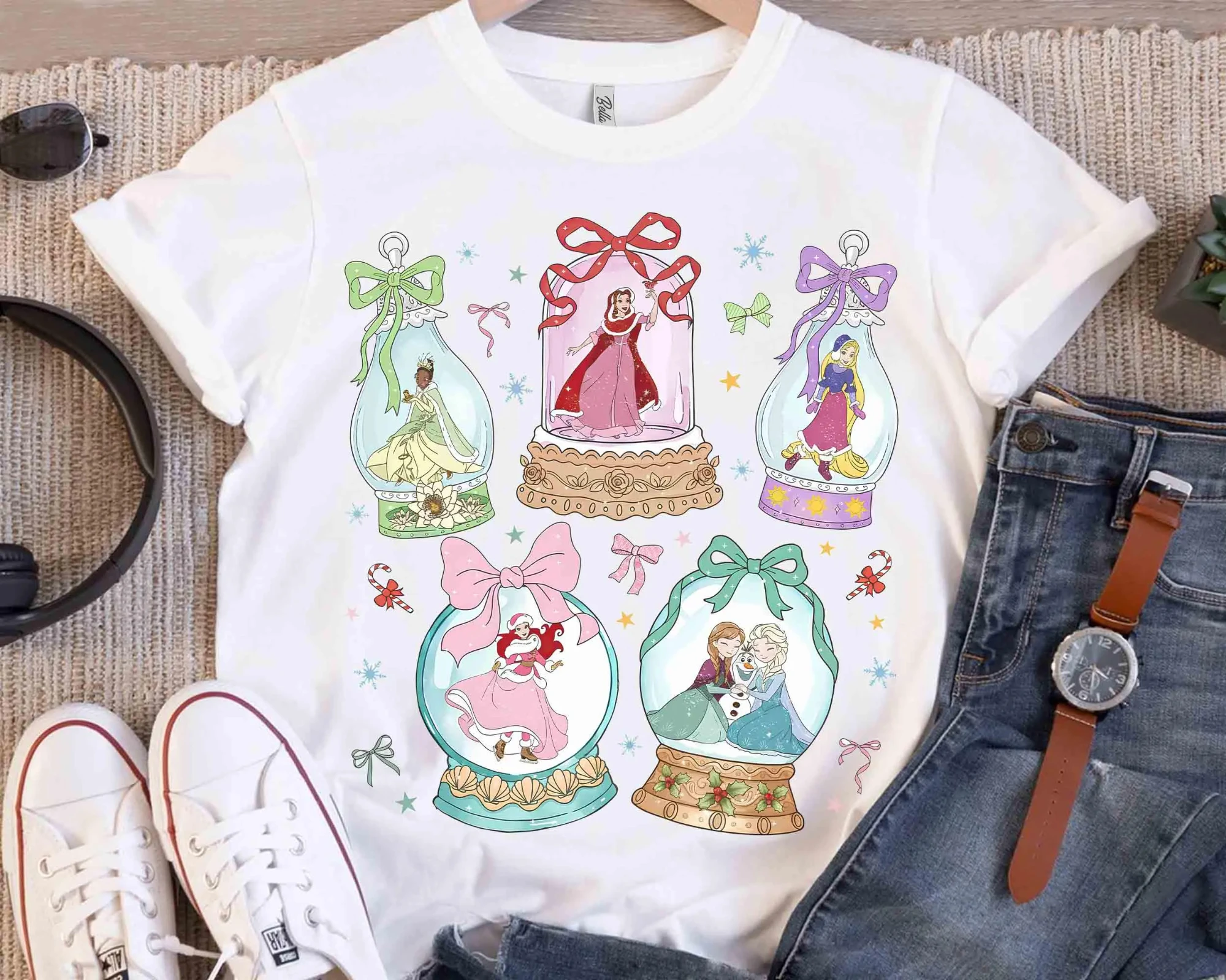 قميص عيد الميلاد لأميرات ديزني غلوب، تي شيرت ديزني بيل أرييل تيانا إلسا رابونزيل الخفيف لعيد الميلاد، قميص هدية للسفر للفتيات #5