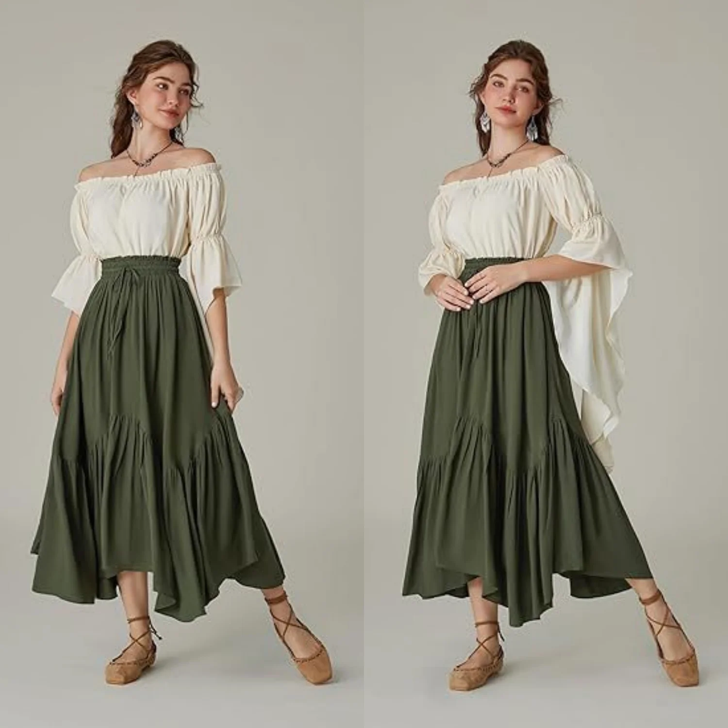 Women Maxi Skirt Vintage High Waist A Line Victorian Long Skirt Steampunk Gothic Ruffled Hem Pleated Skirts