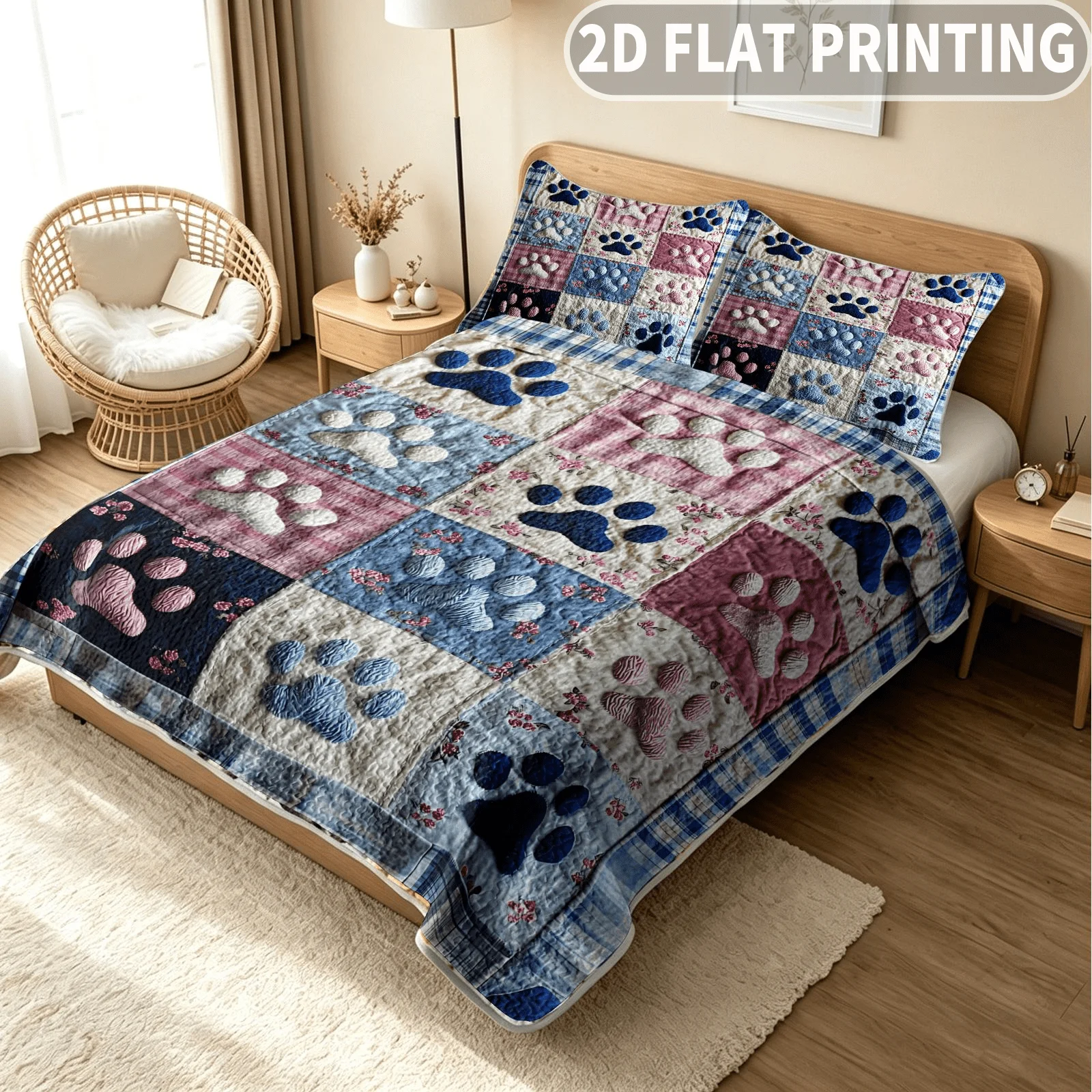 3pcs Quilted Durable Quilt Cover (1pc Quilt Bedspread + 2pcs Pillowcases Excluding Pillow Inserts), Colorful Paw Print Designs