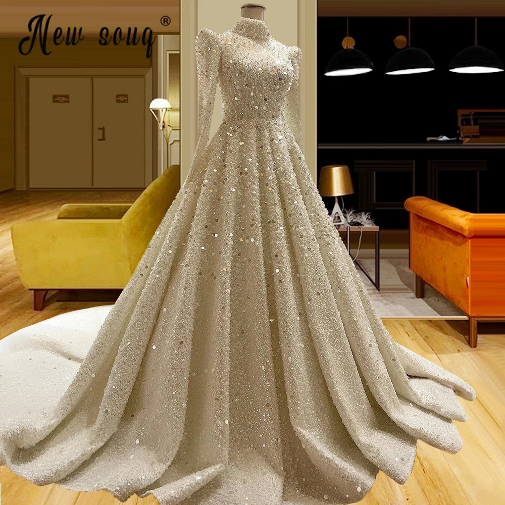 Muslim Champage Bead Wedding Dress Ball Gown Plus Size Bridal Gowns for Bride Luxury Vestidos De Fiesta Engagement Party Dresses