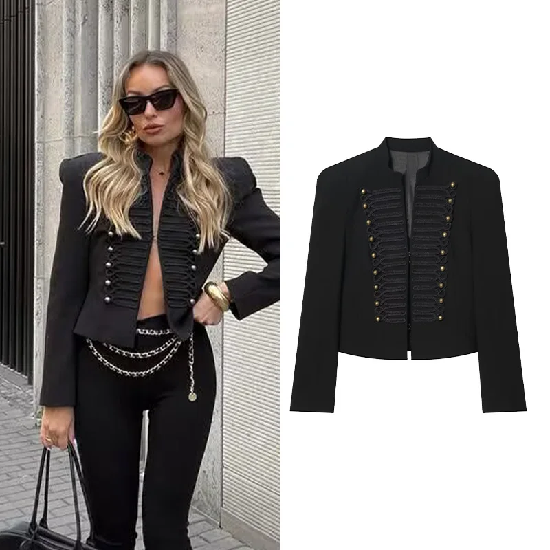 

Women's Blazer New 2026 Spring Autumn High Street Shoulder Pads O-Neck Solid Color Women Fitted Coat Female Chic Tops