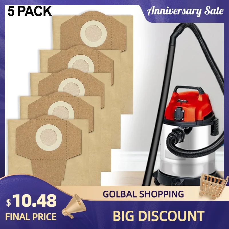 Natte en droge stofzuigerzakken met een capaciteit van 20 liter, compatibel met Einhell-modellen, pakket van 5 voor effectieve reinigingsprestaties