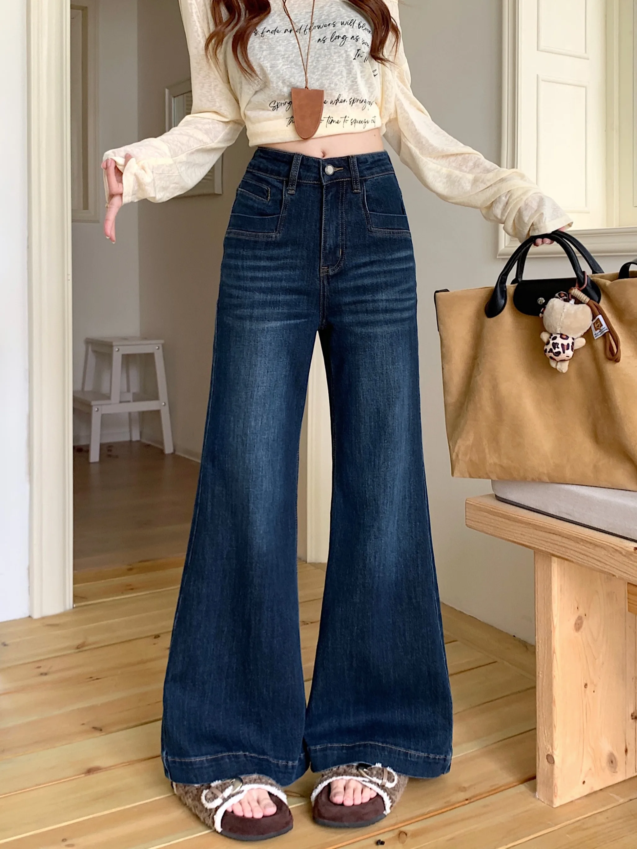 

Retro American Washed Blue Jeans High Waist Slimming Micro Flare Pants Ladies Summer Casual Style Blue Denim Skinnies